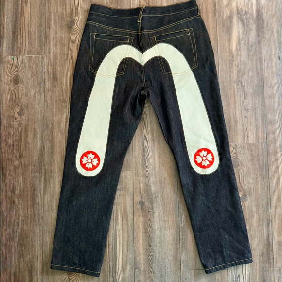 Rare NWOT EVISU Red Pink Sakura Embroidery Daicock Denim Jeans 36x34 - Picture 1 of 3